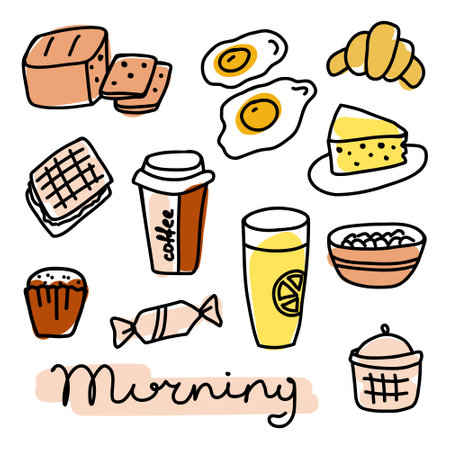 A cheerful morning breakfast spread featuring various foods like eggs, coffee, and pastries, capturing the essence of a bright start to the dayのイラスト素材