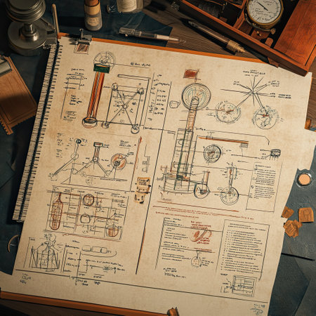 Detailed engineering blueprints on a wooden desk featuring various mechanical designs and calculationsの素材