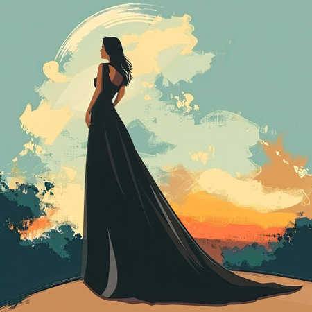 Elegant woman in a flowing black dress stands against a vibrant sunset backdrop with colorful clouds during twilightの素材
