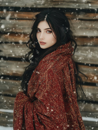 A young woman wrapped in a warm shawl gazes thoughtfully outside during a snowy winter afternoon, surrounded by a rustic wooden cabinの素材