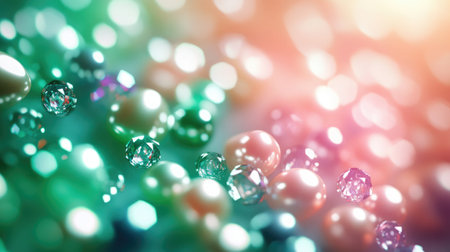 Various sparkling gems and colorful beads are scattered artistically, reflecting light and creating an enchanting atmosphere, ideal for crafts or decoration.の素材