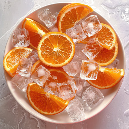 Slices of fresh oranges are placed among clear ice cubes in a shallow white dish. The colorful presentation evokes a sense of summer freshness and enjoyment.の素材