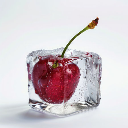 A vibrant red cherry is in the center of a clear ice cube, surrounded by tiny bubbles. The bright fruit contrasts beautifully with the transparent ice and the minimalistic white backdrop.の素材