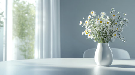 High-tech interior featuring a minimalist vase with freshly arranged daisies in a bright spaceの素材