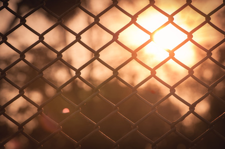 Chain Link Fence with sunset Backgroundの写真素材
