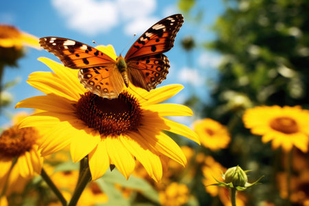 Monarch Butterfly, Danaus Plexippus, on bright yellow sunflowers on a sunny summer morningの素材