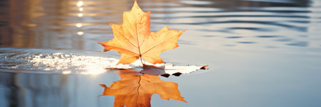 Red maple leaf is mirroring in the water - autumn backgroundの素材