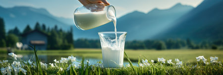 Pouring milk in the glass on the background of nature.の素材