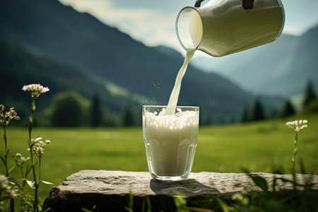 Pouring milk in the glass on the background of nature.の素材