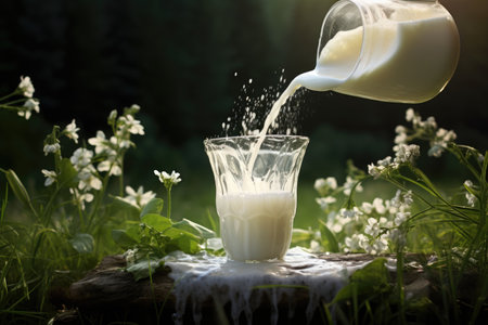Pouring milk in the glass on the background of nature.の素材