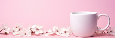 Ceramic white coffee mug with pink and white flowers in the wicker basket. Blank 11 oz mug mockup for design.の素材