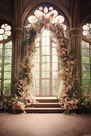 Wedding arch for wedding ceremony. Beautiful wedding decor in rustic styleの素材