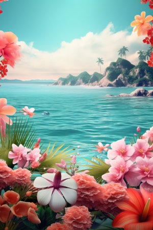 beach background with coconut tree and beach wooden bed on sand with beautiful blue sea and cloudy sky,Image for summer fun party travel concept.の素材