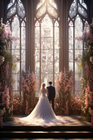 Wedding arch for wedding ceremony. Beautiful wedding decor in rustic styleの素材