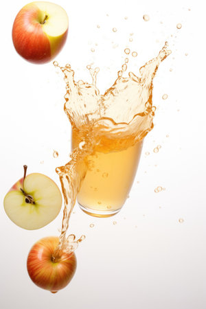 Apple juice in a glass surrounded by red apples and green leaves. Isolate on a white background.の素材
