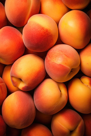 fresh ripe peaches as background, top viewの素材