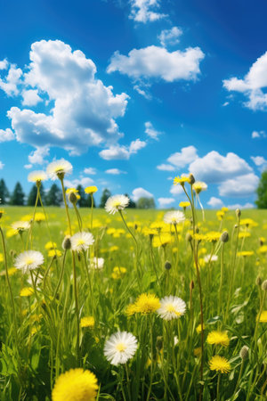 Field with yellow dandelions and blue sky