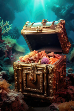 Open treasure chest sunken at the bottom of the sea / high contrast imageの素材