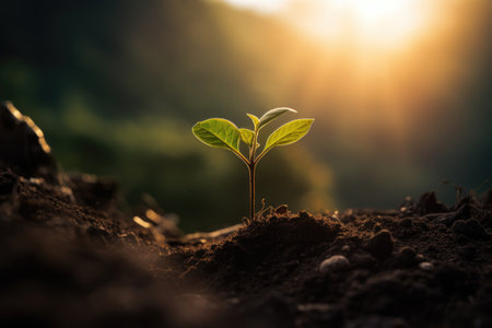 The seedlings are growing from the rich soil to the morning sunlight that is shining, ecology concept.の素材