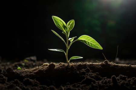 The seedlings are growing from the rich soil to the morning sunlight that is shining, ecology concept.の素材