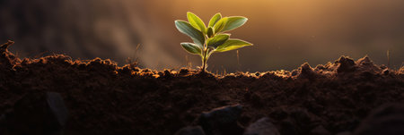 The seedlings are growing from the rich soil to the morning sunlight that is shining, ecology concept.の素材