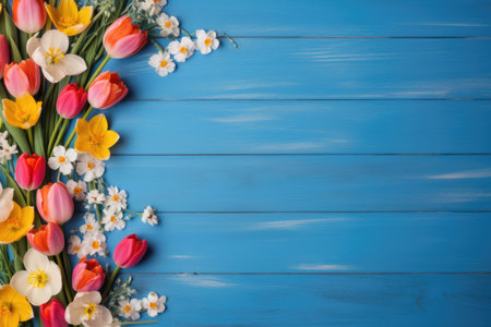 Garden flowers over blue wooden table background. Backdrop with copy spaceの素材