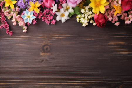 Forget-me-not blue flowers on wooden background, copy spaceの素材
