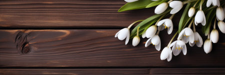 Snowdrop flowers and an empty note card on wooden backgroundの素材