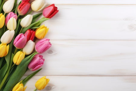 beautiful tulips on wooden backgroundの素材