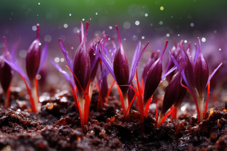 Crocus spring flower Growth In The Snow. Beautiful Floral wide panorama. Purple Crocus Iridaceaeの素材