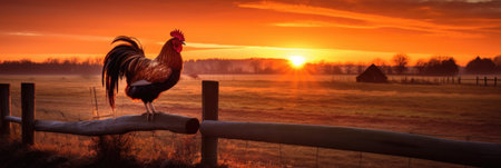 Sunrise on sky dawn background with silhouette of rooster crawlingの素材