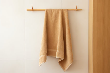 Terry white towel template on a wooden hanger, hanging towelling for design, branding, presentation. Home decor for wiping after a shower. Towelette mockup isolated on background. Product photography.の素材