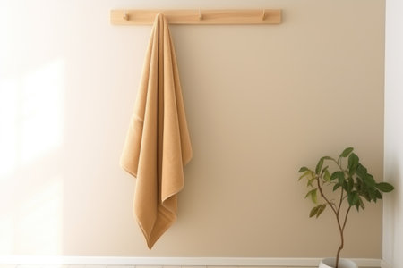 Terry white towel template on a wooden hanger, hanging towelling for design, branding, presentation. Home decor for wiping after a shower. Towelette mockup isolated on background. Product photography.の素材