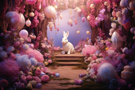 art Little Easter bunny and Easter eggs on green grassの素材