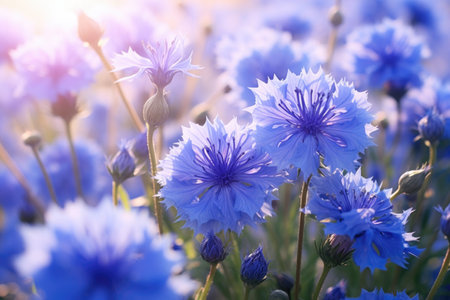 Bouquet of bright blue flowers. Blue flowers. Summer field plants. Green blurred background. Beautiful flower. Background full of blue Cornflowers. Close-up Cornflower. Cornflower textureの素材