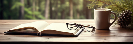 Old book and eye glasses for reading and writing over blurred nature outdoor background with copy space,selective focus ,education conceptの素材