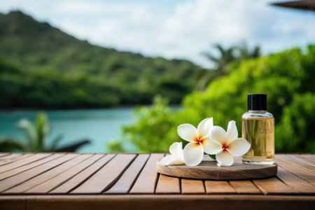 Opened and closed cream jar on wooden table with the sea in the backgroundの素材