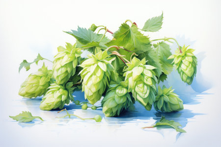 Green ripe hop cones on the plantation on black background in backlit.の素材