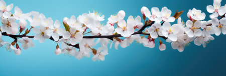 Beautiful floral spring abstract background of nature. Branches of blossoming apricot macro with soft focus on gentle light blue sky background. For easter and spring greeting cards with copy spaceの素材