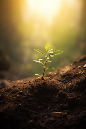 Young green pepper plant growing in a black fertility soil. Top view, overhead. Vegetable seedling is in the fertile dirt. Gardening mock up. Farm mockup with free space for text. Planting ground.の素材