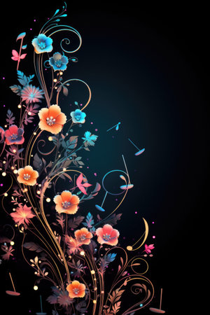 Notes of flowers and stems on a dark stone background with butterflies. Musical summer abstraction top view.の素材