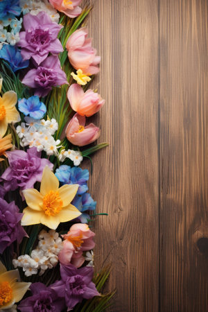 Floral arrangement with orchids, roses and carnations on wooden background, copy space.の素材