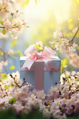 greeting card design. gift box with bow and pink azalea flowers on a white background. congratulation. invitationの素材