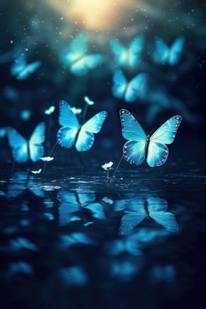butterfly on dew drops. gold and blue background. watercolor paper painted in blue and gold paint. bright morpho butterfly on a blue and gold background. copy spaceの素材