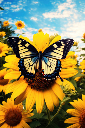 Black Swallowtail butterfly on a native wild Sunflower against blue skyの素材