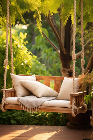 Serenity. Empty swing made of plank and hang by rope and installed in the backyard of rural house with warm light. Old wooden swings for relaxing in garden with pot plants and tree in the background.の素材