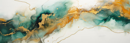 Acrylic Fluid Art. Dark green waves in abstract ocean and golden foamy waves. Marble effect background or texture.の素材