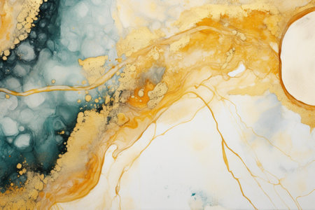 Acrylic Fluid Art. Dark green waves in abstract ocean and golden foamy waves. Marble effect background or texture.の素材