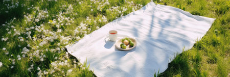 top view of picnic blanket on ground, advertising concepts, copy space. linen tablecloth or white textile plaid on green lawn in garden outdoor at summer day, flat layの素材