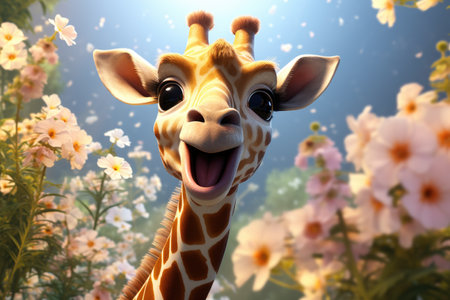 Wild giraffe with long neck and spotted coat looking away while standing in savanna against blurred backgroundの素材